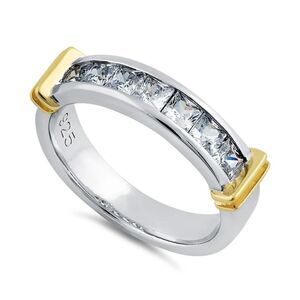 Sterling Silver Men's Two Tone Yellow Gold Wedding Band CZ Ring New